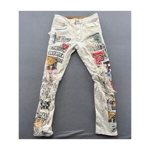 First Row Denim Jeans Mens 32x32 L.Khaki All Over Hand-Drawn Slim Fit Pants